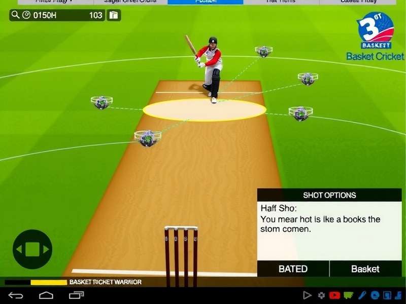 Basket Cricket Warrior batting interface showing shot options and basket positions
