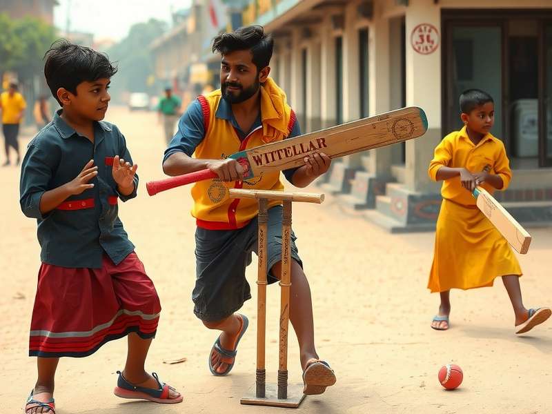 Indian kids playing the street version of Basket Cricket with a makeshift bat and hoop